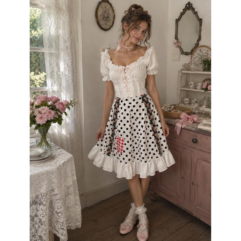 Upcycled Polka Dot Patchwork Tiered Midi Skirt Whimsical Floral Ruffle Prairie